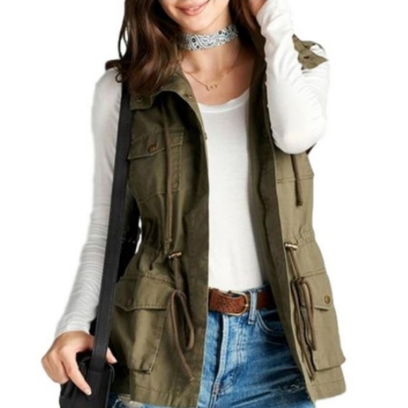 New Look Jackets & Blazers - NEW LOOK Military Utility Hood Sleeveless Drawstring Distress Cargo Jacket EUC